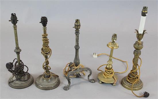 A pair of early 20th century brass table lamps & 3 other lamps